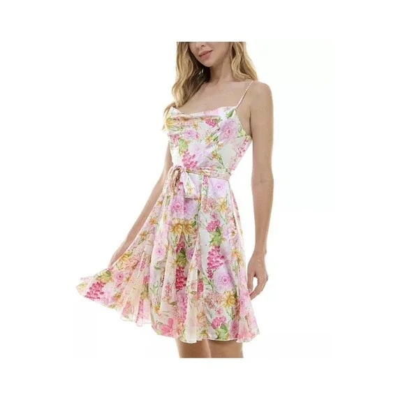 City Studio Juniors' Women's Ivory Floral Cowl Neck Self-Tie Dress Size 11/12 - Picture 3 of 14